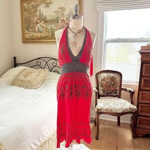 red embroidered halter dress Elevate size large